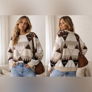 Vintage Club International Tip Top Geometric Knit Sweater – Neutral Earth Tone